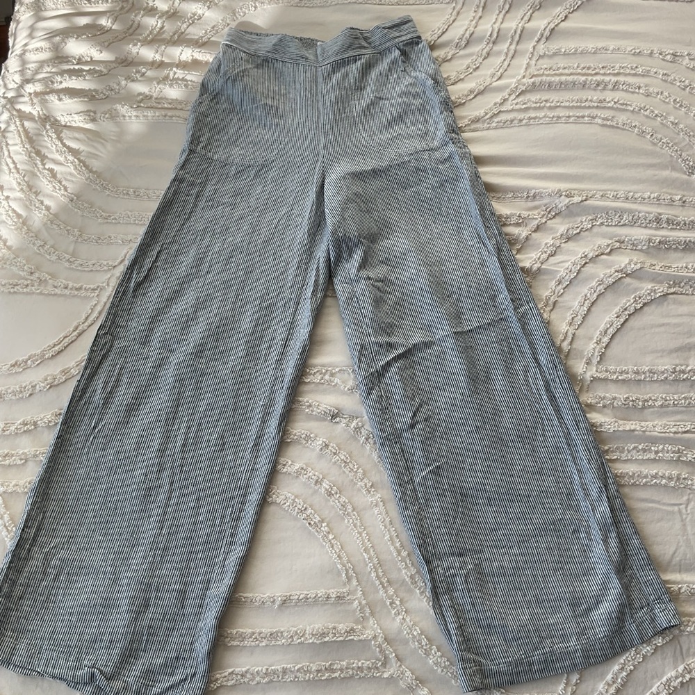 Max Studio White and Navy Striped Elastic Waist Skirt M linen blend